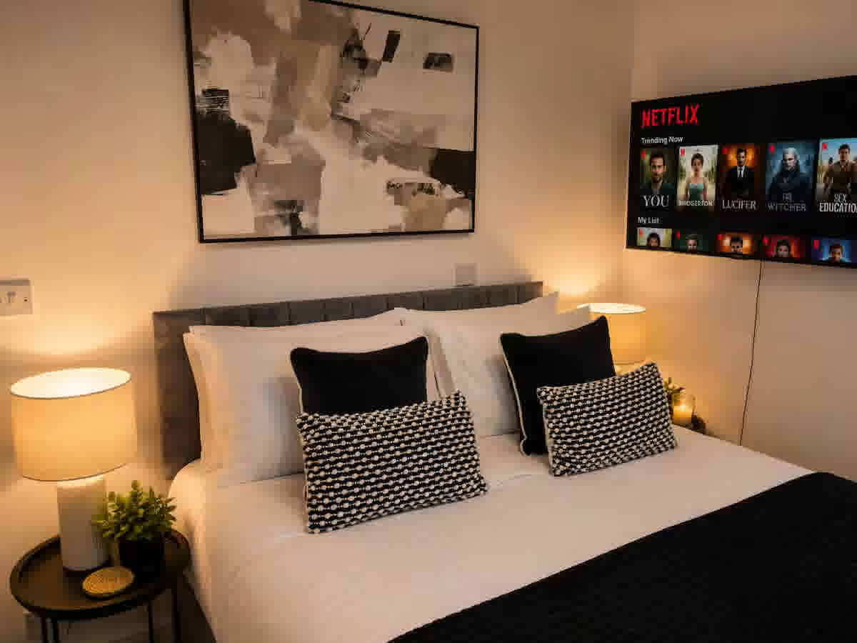 Warmly lit master bedroom with upholstered headboard, crisp white bedding, framed abstract art and a wall-mounted smart TV