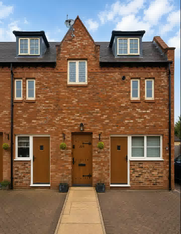 Modern three-storey red-brick townhouse with dormer windows and a paved driveway — a Gales-managed serviced accommodation in Westbrook, Warrington